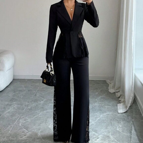 Black Casual Women's Single-Breasted Lace Patchwork Blazer & Pants Suit Set - Picture 3 of 8